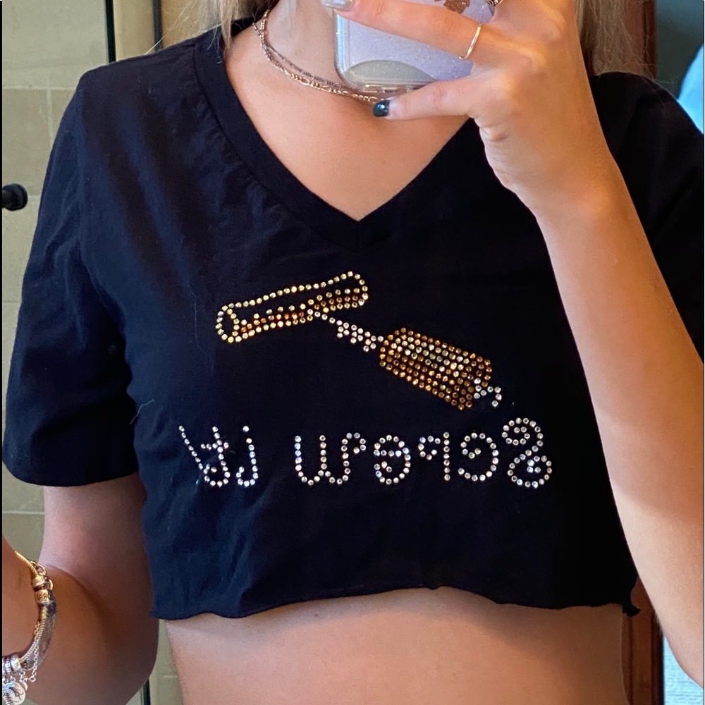 rhinestone “screw it” cropped shirt